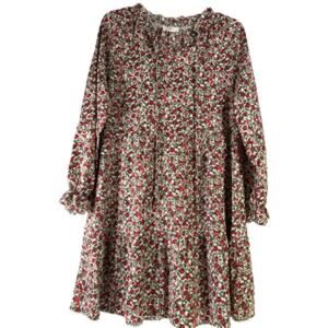 Kirundo Red Rose Floral Long Sleeve Keyhole Ruffle Hem Boho Dress S